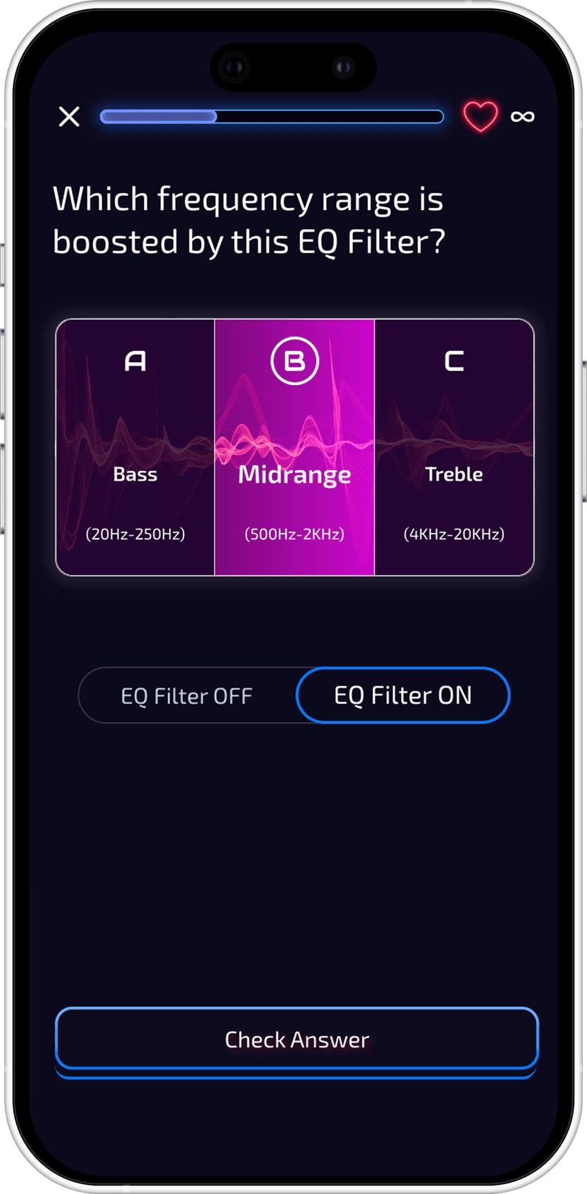 MixSense audio ear training app — interactive EQ frequency exercise for music producers